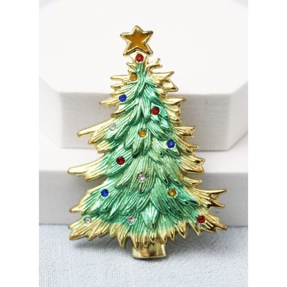 Gold Toned Christmas Tree Brooch Pin with Rhinestones VP18A - Picture 2 of 5